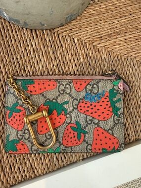 Gucci Strawberry Print Canvas Wristlet in Beige, Red & Green